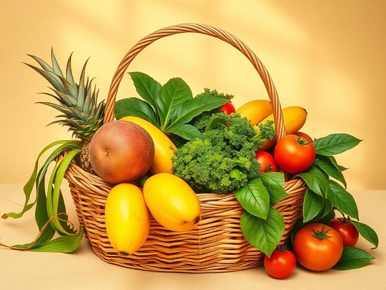 Panier de courses rempli de fruits et légumes frais