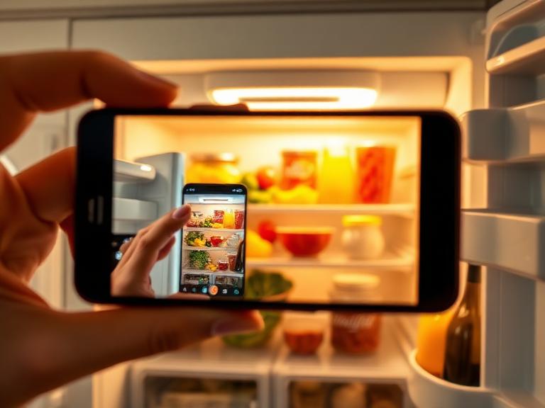 Téléphone scannant les aliments d'un réfrigérateur